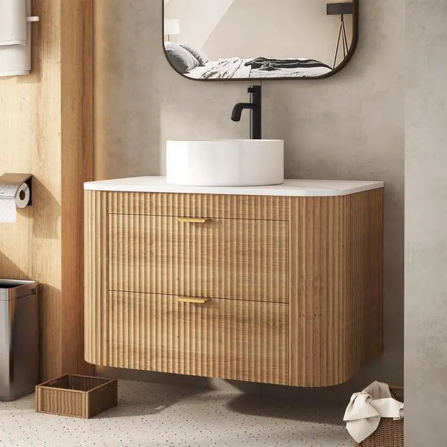 Alt view image 6 of 6 - 30 Inch Floating Bathroom Vanity with Sink Combo, Wall Mounted Vanity with Marble Look Wooden Countertop & Ceramic Sink, Modern Fluted Cabinet with 2 Storage Drawers, Natural Wood Grain