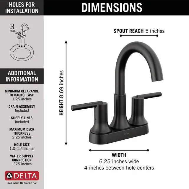 Alt view image 2 of 6 - Faucet Trinsic Matte Black Bathroom Faucet, Bathroom Sink Faucet, Centerset, Diamond Seal Technology, Metal Drain Assembly, Matte Black 2559-BLMPU-DST