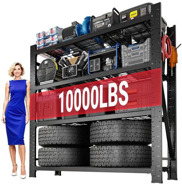 Main image of Garage Shelving Heavy Duty, 49.6" W 4-Tier 10000LBS Industrial Shelving Unit with 4 Hooks, Adjustable Storage Shelves for Garage, Basement, Warehouse, 71" H x 49.6" W x 23.6" D