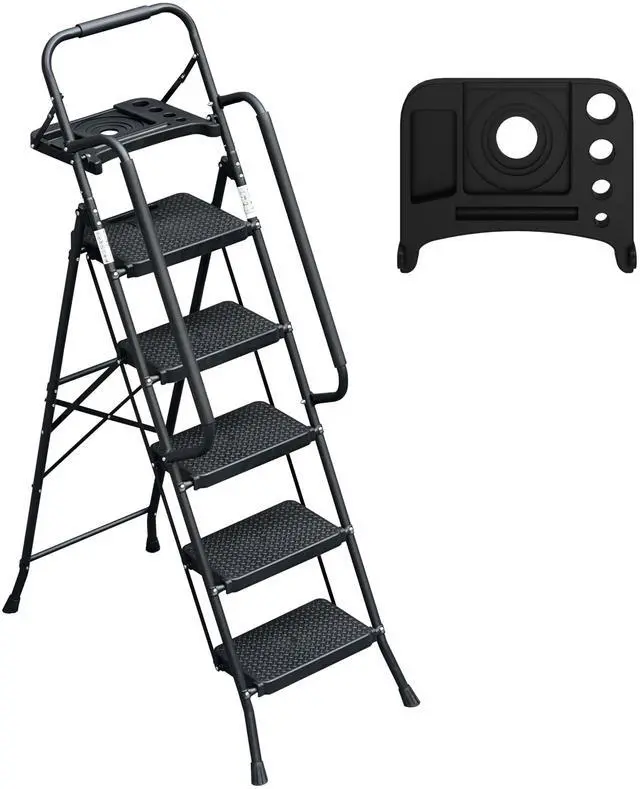 Main image of 5 Step Ladder with Handrails Folding Step Stool with Tool Plateform, 330 lb Capacity Step Stools for Adults Portable Ladder for Home Kitchen Steel Frame with Non-Slip Wide Pedal
