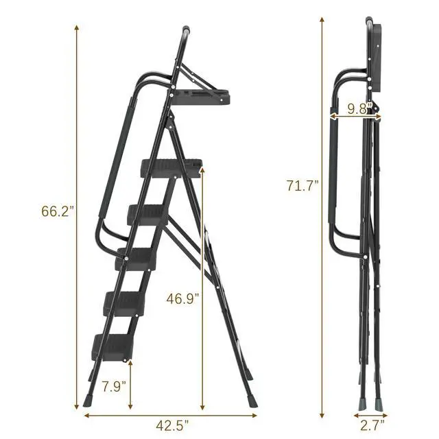 Alt view image 2 of 6 - 5 Step Ladder with Handrails Folding Step Stool with Tool Plateform, 330 lb Capacity Step Stools for Adults Portable Ladder for Home Kitchen Steel Frame with Non-Slip Wide Pedal