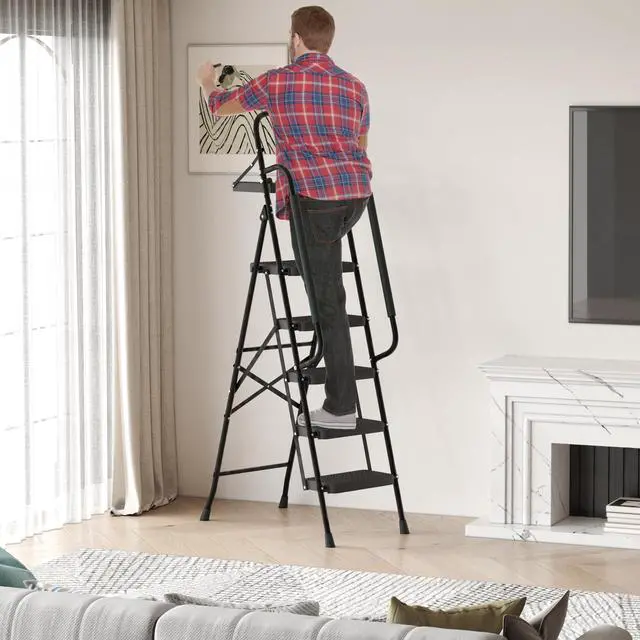 Alt view image 6 of 6 - 5 Step Ladder with Handrails Folding Step Stool with Tool Plateform, 330 lb Capacity Step Stools for Adults Portable Ladder for Home Kitchen Steel Frame with Non-Slip Wide Pedal