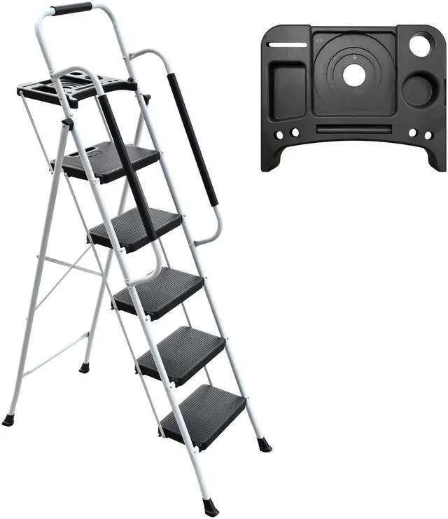 Main image of 5 Step Ladder with Handrails Folding Step Stool with Tool Plateform, 330 lb Capacity Step Stools for Adults Portable Ladder for Home Kitchen Steel Frame with Non-Slip Wide Pedal, White