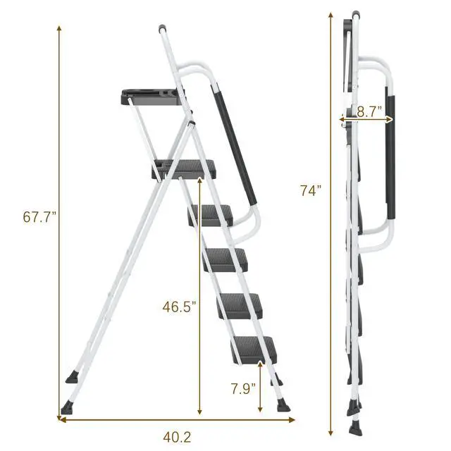 Alt view image 2 of 6 - 5 Step Ladder with Handrails Folding Step Stool with Tool Plateform, 330 lb Capacity Step Stools for Adults Portable Ladder for Home Kitchen Steel Frame with Non-Slip Wide Pedal, White