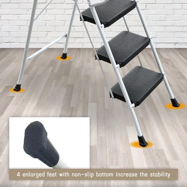 Alt view image 4 of 6 - 5 Step Ladder with Handrails Folding Step Stool with Tool Plateform, 330 lb Capacity Step Stools for Adults Portable Ladder for Home Kitchen Steel Frame with Non-Slip Wide Pedal, White
