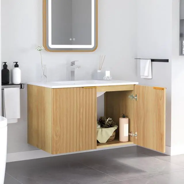 Alt view image 2 of 5 - Modern Bathroom Vanity Without Sink, Floating Wall Mount Cabinet with Wavy Textured Doors, Waterproof Storage for Small Bathroom, Soft-Close Design, Nature Wood (Nature Without Sink, 30")