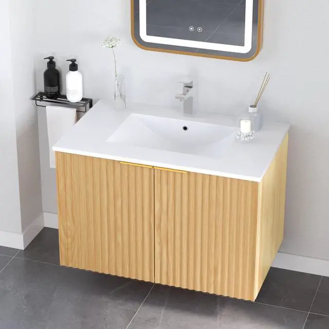 Alt view image 5 of 5 - Modern Bathroom Vanity Without Sink, Floating Wall Mount Cabinet with Wavy Textured Doors, Waterproof Storage for Small Bathroom, Soft-Close Design, Nature Wood (Nature Without Sink, 30")