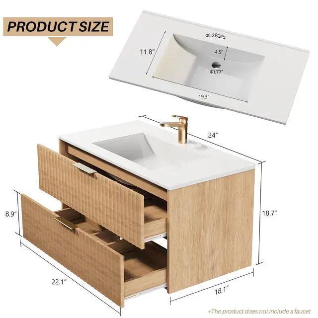 Alt view image 3 of 6 - 24 Inch Bathroom Vanity with Sink, Modern Floating Bathroom Vanity with Resin Sink, 2 Large Storage Darwers, Wood Grain Texture Wall Mounted Vanity, Gold Handles