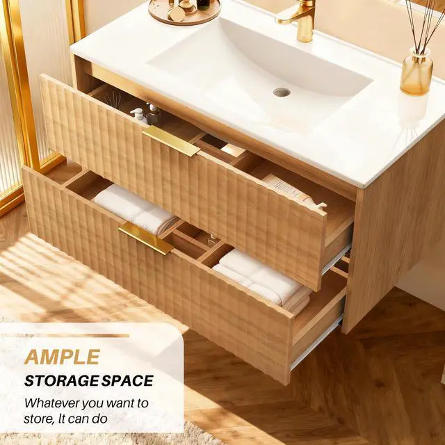 Alt view image 5 of 6 - 24 Inch Bathroom Vanity with Sink, Modern Floating Bathroom Vanity with Resin Sink, 2 Large Storage Darwers, Wood Grain Texture Wall Mounted Vanity, Gold Handles