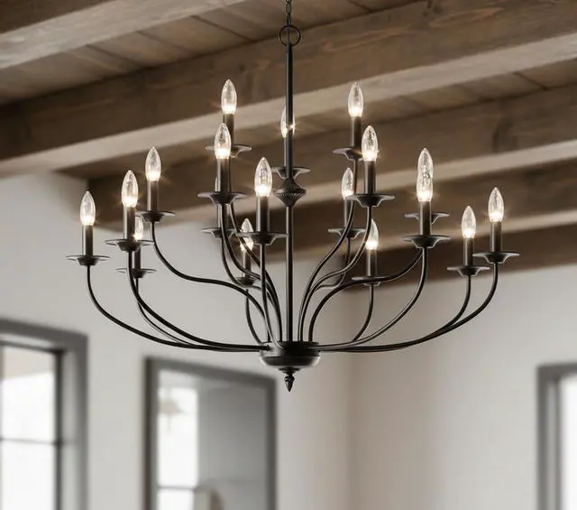 Main image of Industrial 18 Lights Black Chandelier, 3-Tier Farmhouse Vintage Chandelier 43" Large Candle Black Pendant Light Fixtures for Living Room Dining Room Hallway Foyer