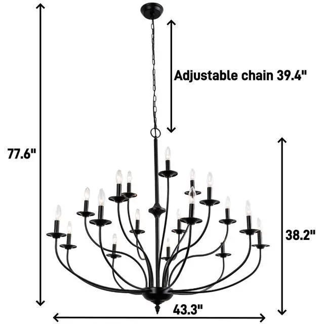 Alt view image 2 of 6 - Industrial 18 Lights Black Chandelier, 3-Tier Farmhouse Vintage Chandelier 43" Large Candle Black Pendant Light Fixtures for Living Room Dining Room Hallway Foyer