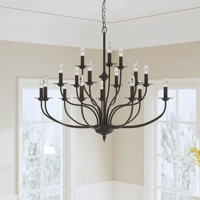 Alt view image 4 of 6 - Industrial 18 Lights Black Chandelier, 3-Tier Farmhouse Vintage Chandelier 43" Large Candle Black Pendant Light Fixtures for Living Room Dining Room Hallway Foyer