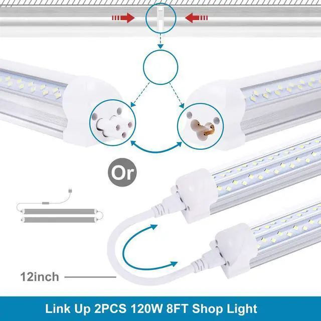 Alt view image 3 of 6 - 8FT LED Shop Light Fixture (12-Pack) - 120W Linkable T8 Tube Lights, 6000K Cold White, V-Shape Clear Cover - High Output Plug & Play Lighting for Garage, Warehouse, Workshop