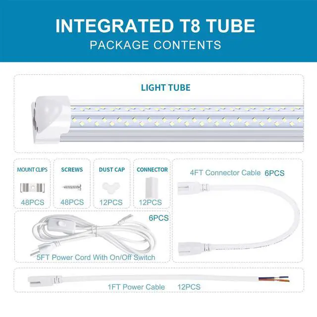 Alt view image 4 of 6 - 8FT LED Shop Light Fixture (12-Pack) - 120W Linkable T8 Tube Lights, 6000K Cold White, V-Shape Clear Cover - High Output Plug & Play Lighting for Garage, Warehouse, Workshop