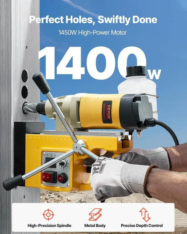 Alt view image 2 of 6 - Magnetic Drill, 1450W Motor 2 in Boring Diameter, 2878 lbf Electric Mag Drill Press, with 6 Coring Bits, Variable Speed, Drilling Machine for Metal Surface, Home Improvement Industry, Yellow