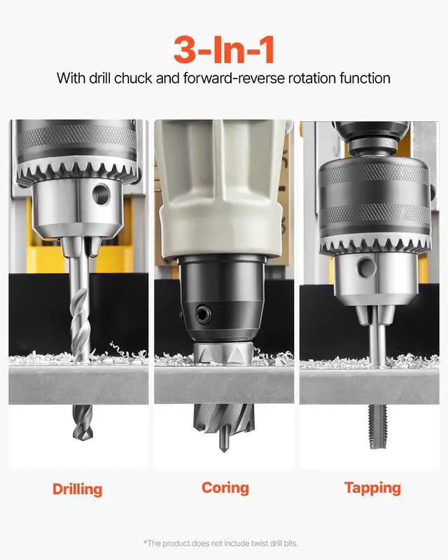 Alt view image 3 of 6 - Magnetic Drill, 1450W Motor 2 in Boring Diameter, 2878 lbf Electric Mag Drill Press, with 6 Coring Bits, Variable Speed, Drilling Machine for Metal Surface, Home Improvement Industry, Yellow