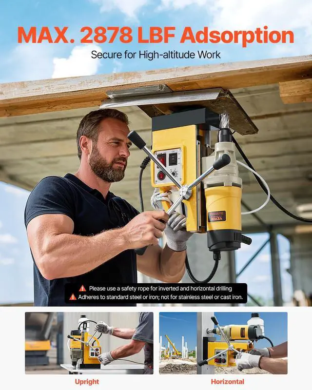 Alt view image 6 of 6 - Magnetic Drill, 1450W Motor 2 in Boring Diameter, 2878 lbf Electric Mag Drill Press, with 6 Coring Bits, Variable Speed, Drilling Machine for Metal Surface, Home Improvement Industry, Yellow
