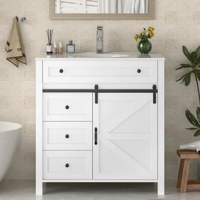Main image of 36 Inch Bathroom Vanity with 4 Drawers and Sliding Door, Freestanding Bathroom Storage Cabinet with Sink Combo, Vintage Vanity Cabinet with Ceramic Sink, Faucet, Drain, White