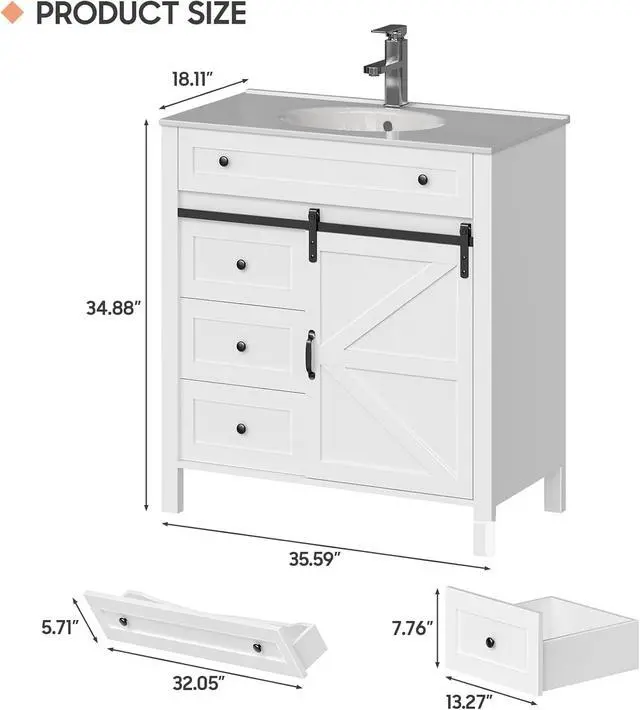Alt view image 2 of 6 - 36 Inch Bathroom Vanity with 4 Drawers and Sliding Door, Freestanding Bathroom Storage Cabinet with Sink Combo, Vintage Vanity Cabinet with Ceramic Sink, Faucet, Drain, White