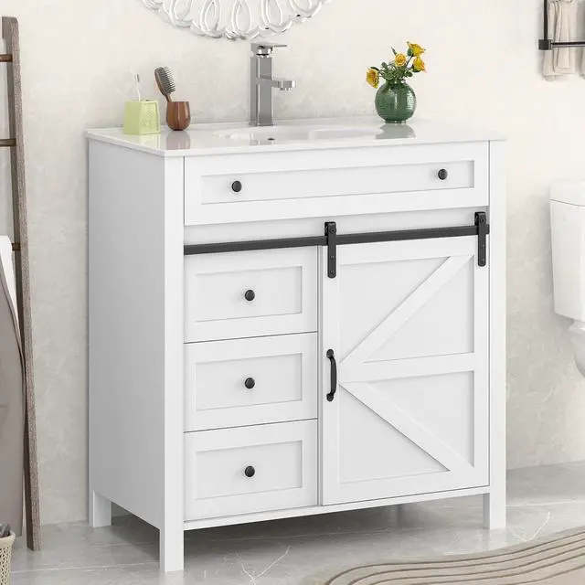 Alt view image 3 of 6 - 36 Inch Bathroom Vanity with 4 Drawers and Sliding Door, Freestanding Bathroom Storage Cabinet with Sink Combo, Vintage Vanity Cabinet with Ceramic Sink, Faucet, Drain, White