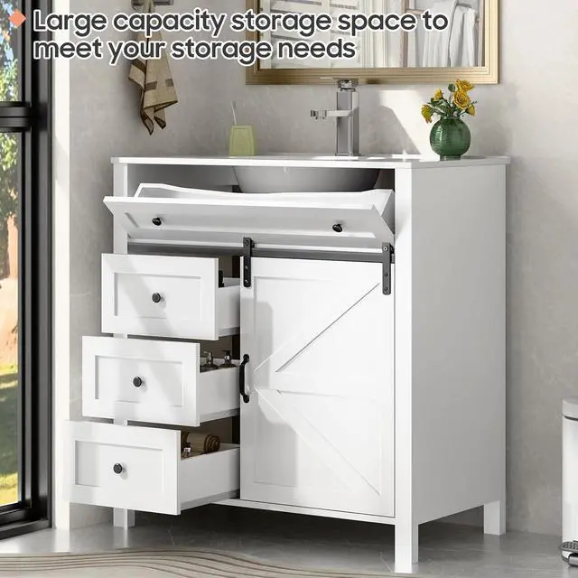 Alt view image 4 of 6 - 36 Inch Bathroom Vanity with 4 Drawers and Sliding Door, Freestanding Bathroom Storage Cabinet with Sink Combo, Vintage Vanity Cabinet with Ceramic Sink, Faucet, Drain, White