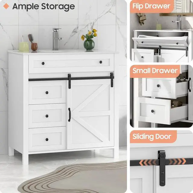 Alt view image 5 of 6 - 36 Inch Bathroom Vanity with 4 Drawers and Sliding Door, Freestanding Bathroom Storage Cabinet with Sink Combo, Vintage Vanity Cabinet with Ceramic Sink, Faucet, Drain, White