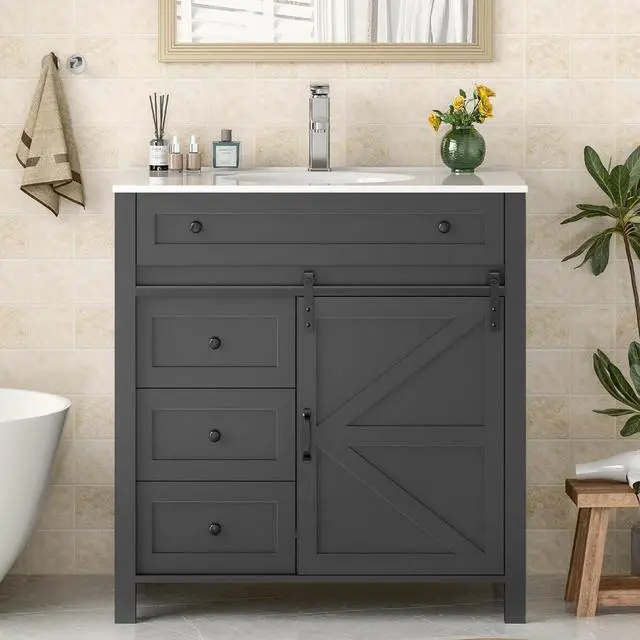 Main image of 36 Inch Bathroom Vanity with 4 Drawers and Sliding Door, Freestanding Bathroom Storage Cabinet with Sink Combo, Vintage Vanity Cabinet with Ceramic Sink, Faucet, Drain, Grey