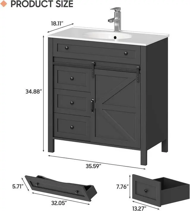 Alt view image 2 of 6 - 36 Inch Bathroom Vanity with 4 Drawers and Sliding Door, Freestanding Bathroom Storage Cabinet with Sink Combo, Vintage Vanity Cabinet with Ceramic Sink, Faucet, Drain, Grey