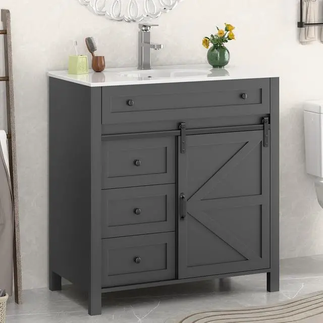 Alt view image 3 of 6 - 36 Inch Bathroom Vanity with 4 Drawers and Sliding Door, Freestanding Bathroom Storage Cabinet with Sink Combo, Vintage Vanity Cabinet with Ceramic Sink, Faucet, Drain, Grey
