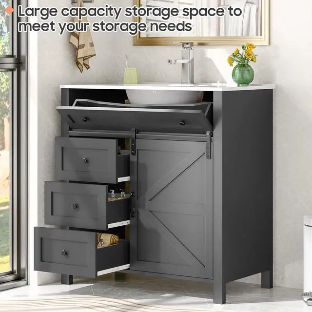 Alt view image 4 of 6 - 36 Inch Bathroom Vanity with 4 Drawers and Sliding Door, Freestanding Bathroom Storage Cabinet with Sink Combo, Vintage Vanity Cabinet with Ceramic Sink, Faucet, Drain, Grey