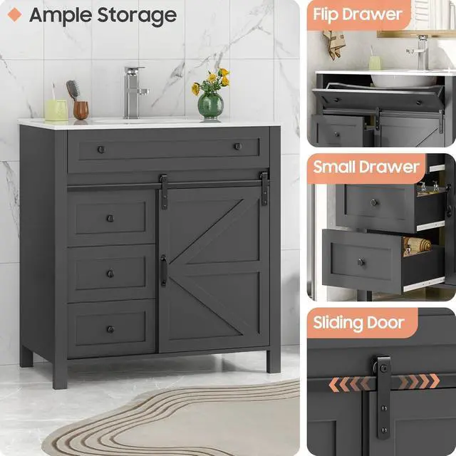 Alt view image 5 of 6 - 36 Inch Bathroom Vanity with 4 Drawers and Sliding Door, Freestanding Bathroom Storage Cabinet with Sink Combo, Vintage Vanity Cabinet with Ceramic Sink, Faucet, Drain, Grey