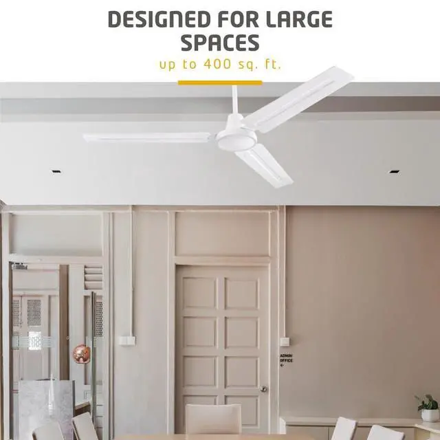 Alt view image 3 of 6 - 2 Pack Garage Ceiling Fan, Shop Ceiling Fan, Commercial Ceiling Fan, Industrial 56 Inch Three Blade Indoor Ceiling Fan, with White Steel Blades in White Finish