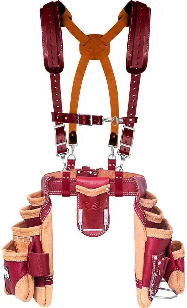 Main image of Leather Tool Belt for Men with Suspender, 16 Pocket Pro Framing Combo Comes with Tools Pouches, Triple Hammer Holder, Adjustable Padded Belt, Leather Suspender for Back Support with 4 D-Loops