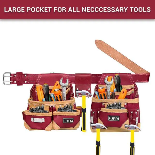 Alt view image 2 of 6 - Leather Tool Belt for Men with Suspender, 16 Pocket Pro Framing Combo Comes with Tools Pouches, Triple Hammer Holder, Adjustable Padded Belt, Leather Suspender for Back Support with 4 D-Loops