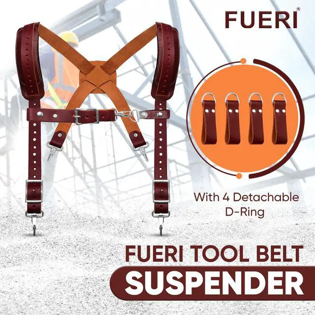 Alt view image 3 of 6 - Leather Tool Belt for Men with Suspender, 16 Pocket Pro Framing Combo Comes with Tools Pouches, Triple Hammer Holder, Adjustable Padded Belt, Leather Suspender for Back Support with 4 D-Loops