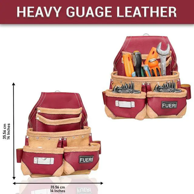 Alt view image 6 of 6 - Leather Tool Belt for Men with Suspender, 16 Pocket Pro Framing Combo Comes with Tools Pouches, Triple Hammer Holder, Adjustable Padded Belt, Leather Suspender for Back Support with 4 D-Loops