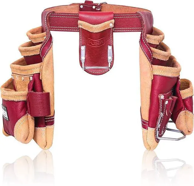 Alt view image 2 of 6 - Leather Tool Belt for Men with suspender, 16 Pocket Pro Framing Combo Comes with Tools Pouches, Triple Hammer holder, Adjustable Padded Belt, Leather Suspender for back support with 4 D-Loops