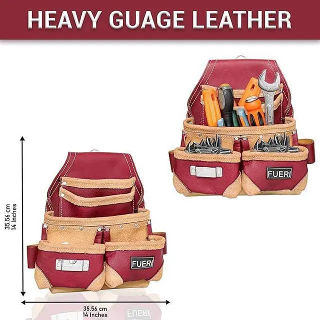 Alt view image 3 of 6 - Leather Tool Belt for Men with suspender, 16 Pocket Pro Framing Combo Comes with Tools Pouches, Triple Hammer holder, Adjustable Padded Belt, Leather Suspender for back support with 4 D-Loops
