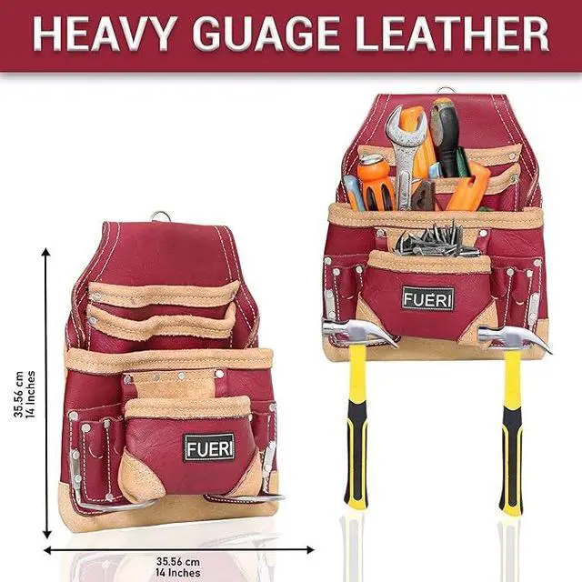 Alt view image 4 of 6 - Leather Tool Belt for Men with suspender, 16 Pocket Pro Framing Combo Comes with Tools Pouches, Triple Hammer holder, Adjustable Padded Belt, Leather Suspender for back support with 4 D-Loops
