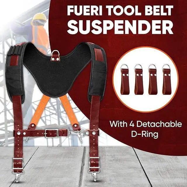 Alt view image 5 of 6 - Leather Tool Belt for Men with suspender, 16 Pocket Pro Framing Combo Comes with Tools Pouches, Triple Hammer holder, Adjustable Padded Belt, Leather Suspender for back support with 4 D-Loops