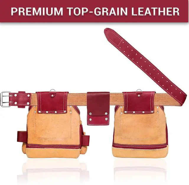 Alt view image 6 of 6 - Leather Tool Belt for Men with suspender, 16 Pocket Pro Framing Combo Comes with Tools Pouches, Triple Hammer holder, Adjustable Padded Belt, Leather Suspender for back support with 4 D-Loops