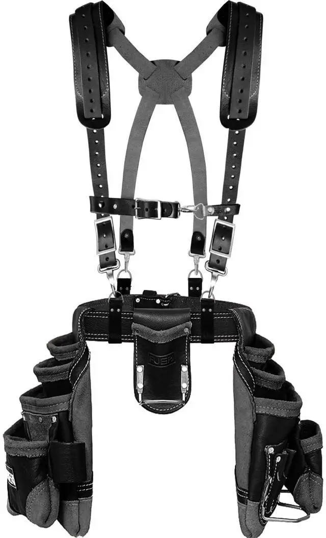 Main image of Leather Tool Belt for Men with suspender, 16 Pocket Pro Framing Combo Comes with Tools Pouches, Triple Hammer holder, Adjustable Padded Belt, Leather Suspender for back support with 4 D-Loops