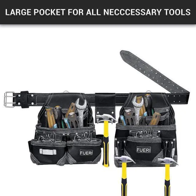 Alt view image 2 of 6 - Leather Tool Belt for Men with suspender, 16 Pocket Pro Framing Combo Comes with Tools Pouches, Triple Hammer holder, Adjustable Padded Belt, Leather Suspender for back support with 4 D-Loops