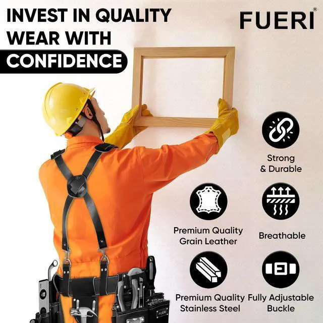 Alt view image 3 of 6 - Leather Tool Belt for Men with suspender, 16 Pocket Pro Framing Combo Comes with Tools Pouches, Triple Hammer holder, Adjustable Padded Belt, Leather Suspender for back support with 4 D-Loops