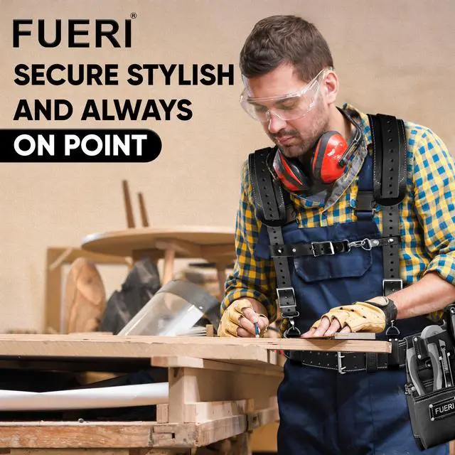 Alt view image 4 of 6 - Leather Tool Belt for Men with suspender, 16 Pocket Pro Framing Combo Comes with Tools Pouches, Triple Hammer holder, Adjustable Padded Belt, Leather Suspender for back support with 4 D-Loops