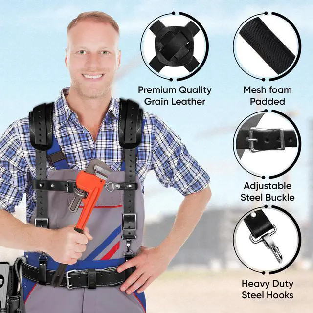 Alt view image 5 of 6 - Leather Tool Belt for Men with suspender, 16 Pocket Pro Framing Combo Comes with Tools Pouches, Triple Hammer holder, Adjustable Padded Belt, Leather Suspender for back support with 4 D-Loops
