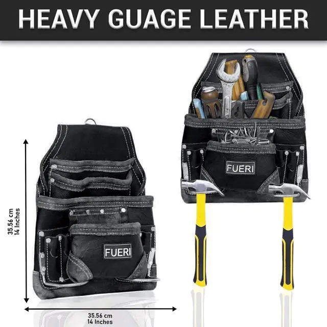 Alt view image 6 of 6 - Leather Tool Belt for Men with suspender, 16 Pocket Pro Framing Combo Comes with Tools Pouches, Triple Hammer holder, Adjustable Padded Belt, Leather Suspender for back support with 4 D-Loops