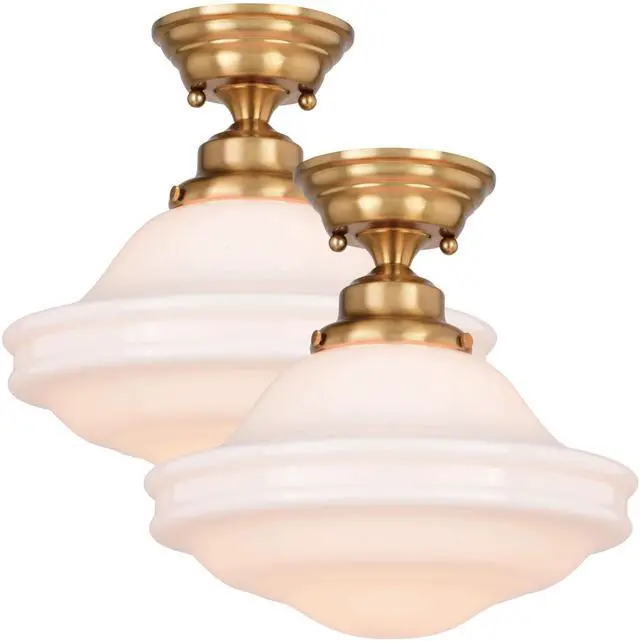 Main image of 2-Pack Huntley 12 inch Semi-Flush Ceiling Light, Farmhouse Style, Schoolhouse, White Milk Glass, Natural Brass Finish, Dimmable, E26 Bulb Compatible, Damp Rated