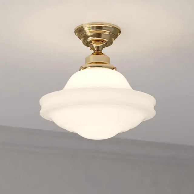 Alt view image 2 of 6 - 2-Pack Huntley 12 inch Semi-Flush Ceiling Light, Farmhouse Style, Schoolhouse, White Milk Glass, Natural Brass Finish, Dimmable, E26 Bulb Compatible, Damp Rated