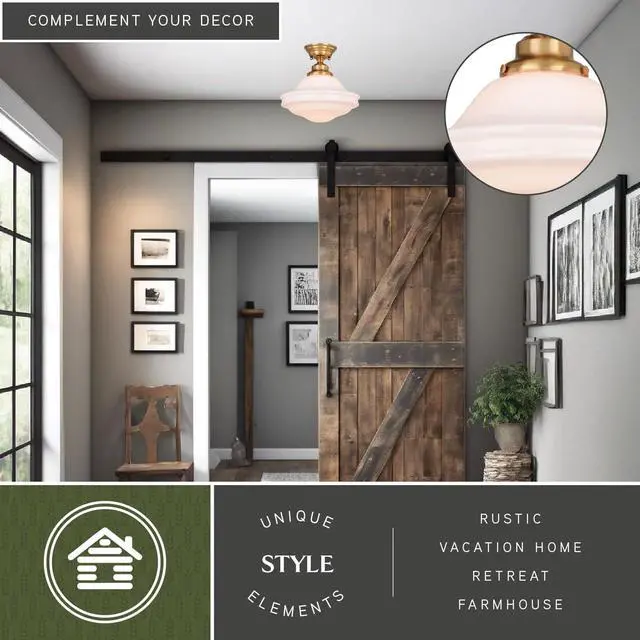 Alt view image 3 of 6 - 2-Pack Huntley 12 inch Semi-Flush Ceiling Light, Farmhouse Style, Schoolhouse, White Milk Glass, Natural Brass Finish, Dimmable, E26 Bulb Compatible, Damp Rated